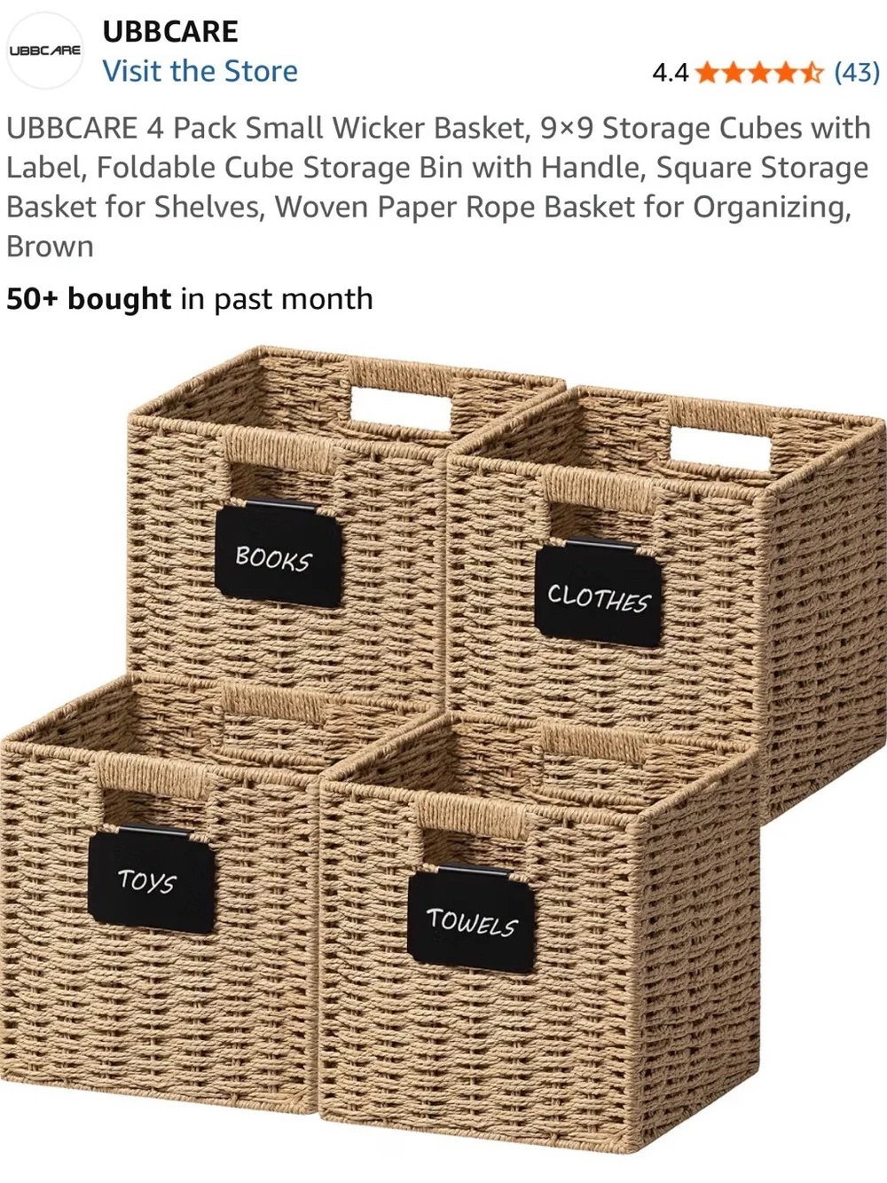 4-Pack Woven Storage Baskets with Chalkboard Labels - Brown
